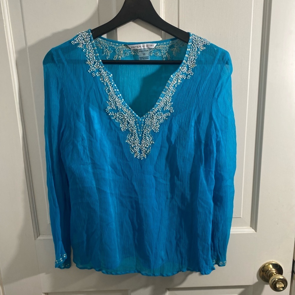 Peter Nygard Petite Teal Tank Shell with  Silk Sheer Beaded  Blouse SIZE 10